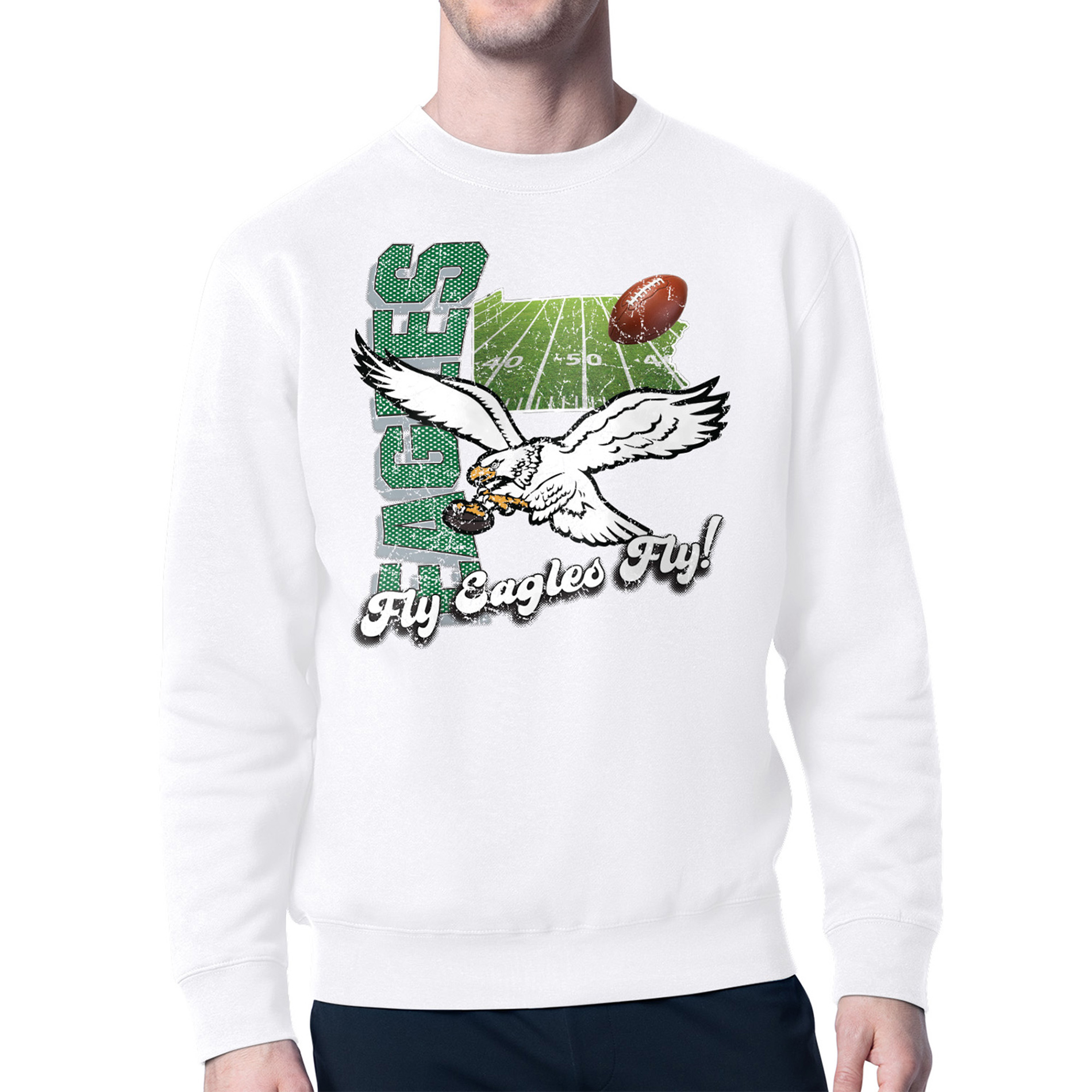 Men's Starter White Philadelphia Eagles Distressed Retro State Field Fleece Pullover Sweatshirt