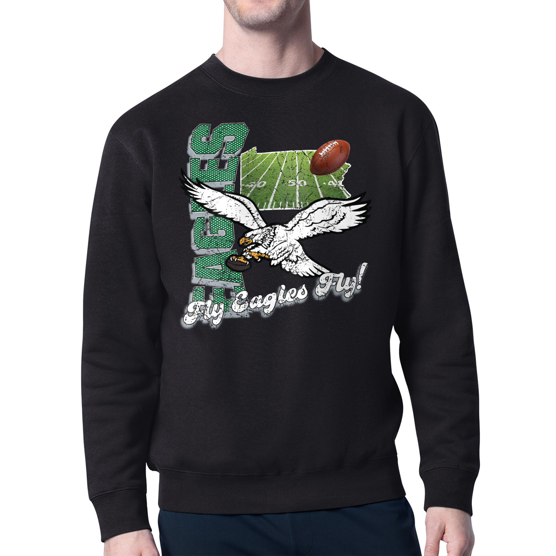 Men's Starter Black Philadelphia Eagles Distressed Retro State Field Fleece Pullover Sweatshirt