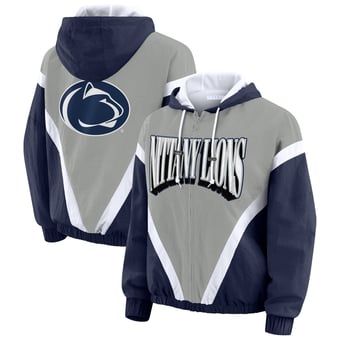 Women's WEAR by Erin Andrews Navy/Gray Penn State Nittany Lions Colorblock Full-Zip Hoodie Windbreaker Jacket