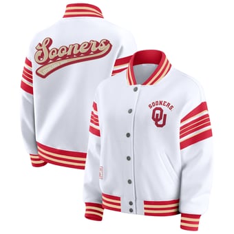 Women's WEAR by Erin Andrews White/Crimson Oklahoma Sooners Satin Stitch Full-Snap Fleece Sweatshirt Jacket