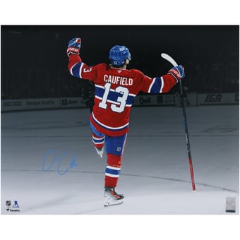 Cole Caufield Montreal Canadiens Autographed 16" x 20" Red Jersey Spotlight Celebration Photograph