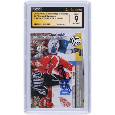 Simon Edvinsson Detroit Red Wings Autographed 2022-23 Upper Deck Game Dated Moments Makes NHL Debut As Red Wings Battle Avalanche #67 #/1199 CGC Fanatics Witnessed Authenticated 9/10 Rookie Card