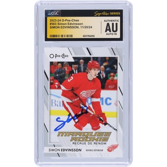 Simon Edvinsson Detroit Red Wings Autographed 2023-24 Upper Deck O-Pee-Chee #563 CGC Fanatics Witnessed Authenticated Auto 10 Rookie Card