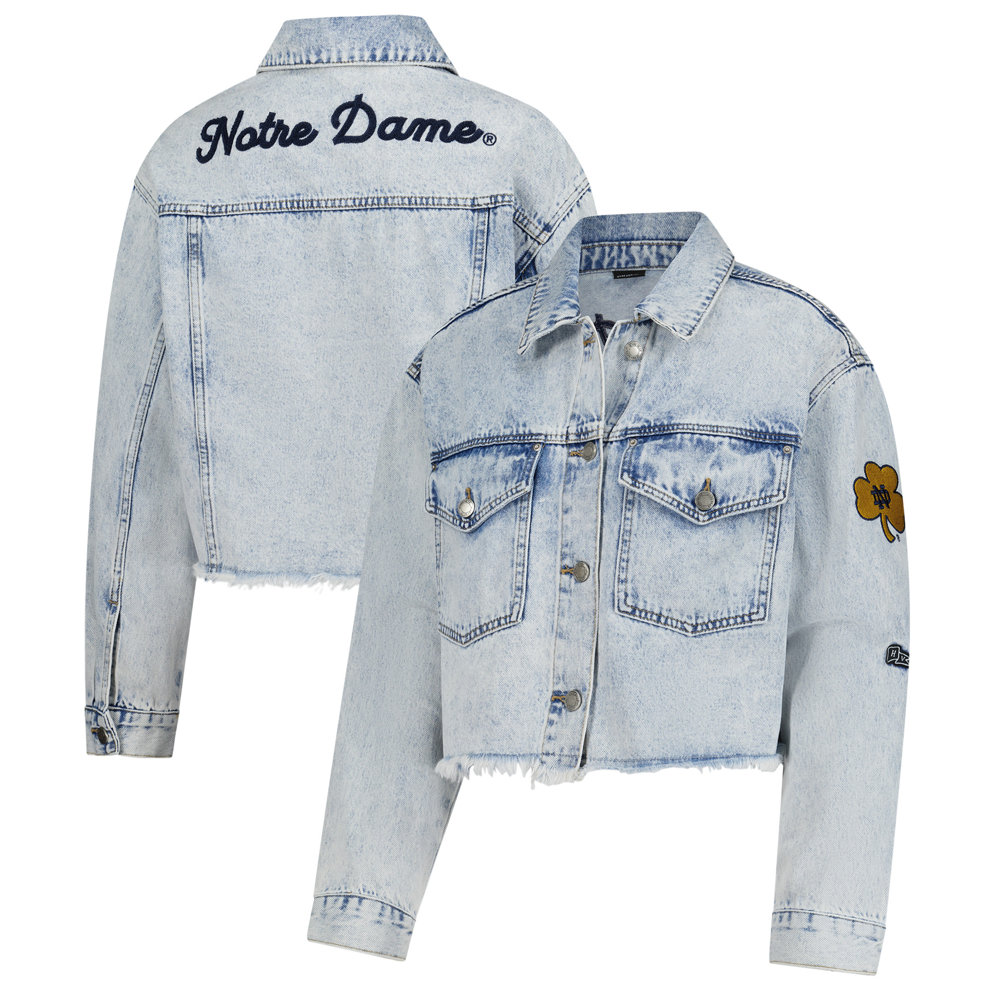 Women's Hype and Vice Denim Notre Dame Fighting Irish Lightwash Cropped Button-Up Jean Jacket