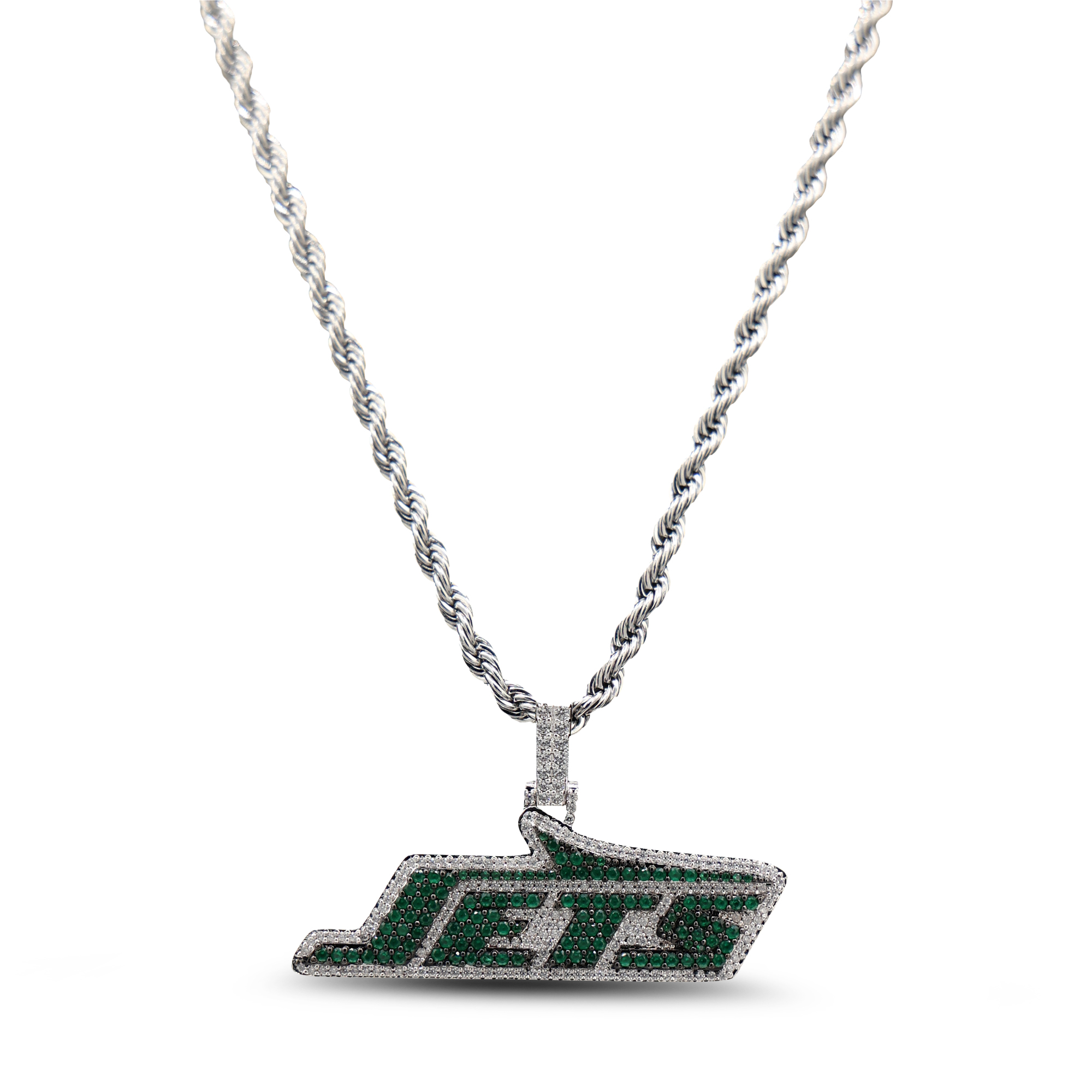 GLD New York Jets 14K White Gold Logo Pendant & Rope Chain