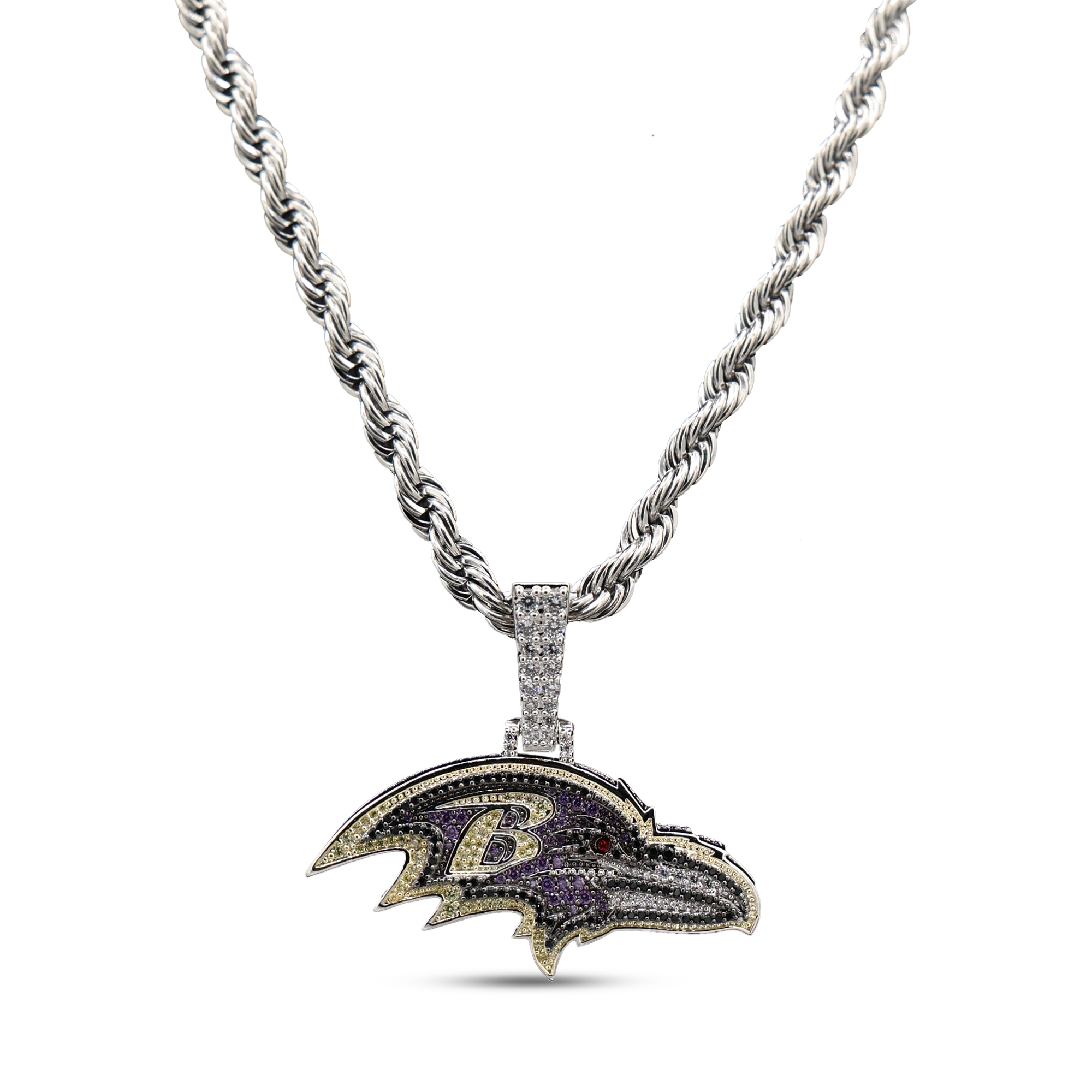 GLD Baltimore Ravens 14K White Gold Logo Pendant & Rope Chain