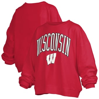 Women's Pressbox Red Wisconsin Badgers Oversized Janise Arch Over Logo Fleece Sweatshirt