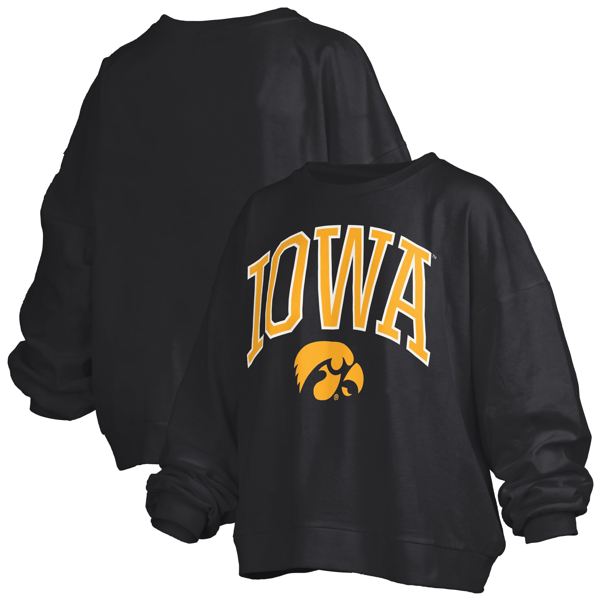Women's Pressbox Black Iowa Hawkeyes Oversized Janise Arch Over Logo Fleece Sweatshirt