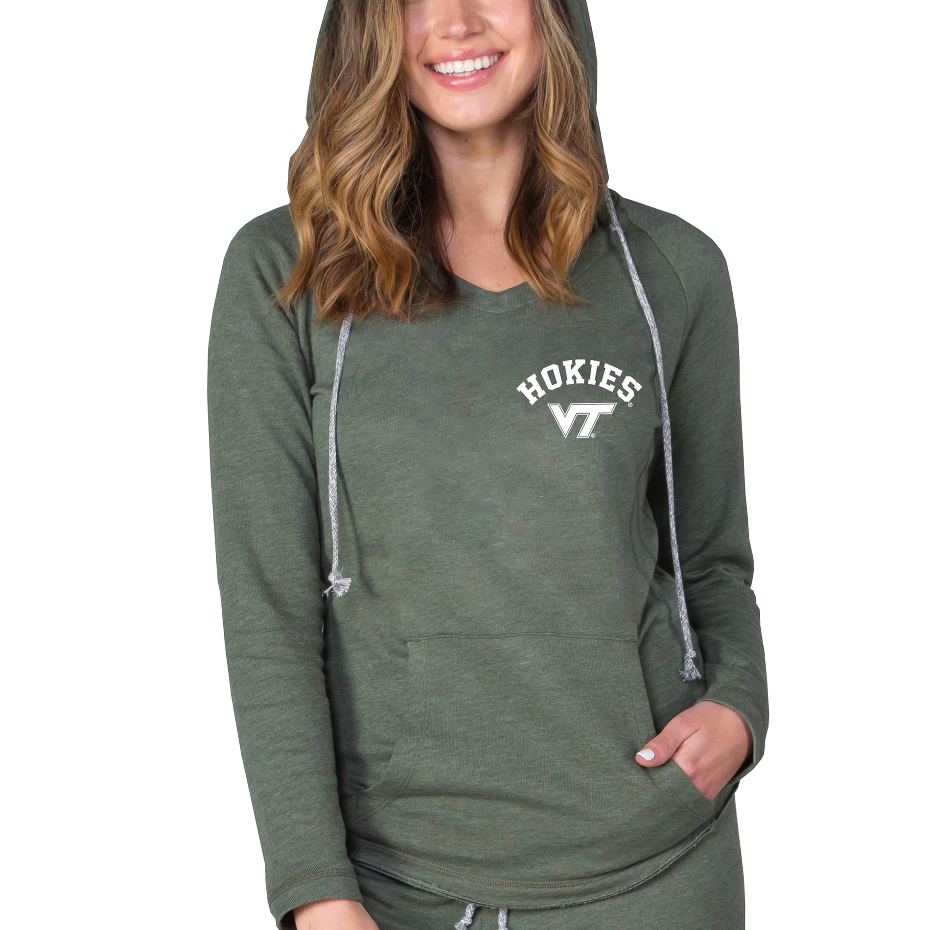 Women's Concepts Sport  Green Virginia Tech Hokies Mainstream Terry Tri-Blend V-Neck Pullover Hoodie