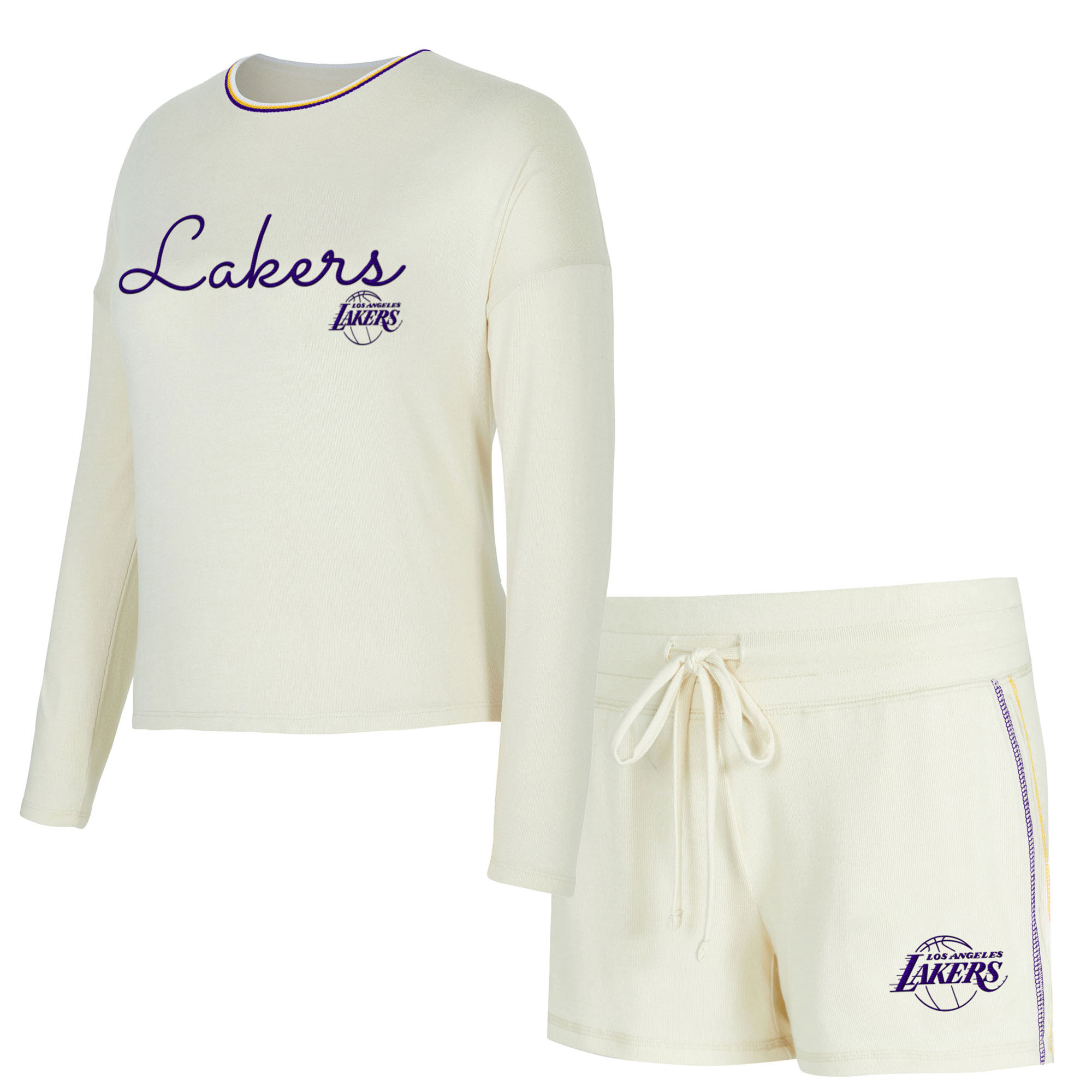 Women’s Concepts Sport Cream Los Angeles Lakers Kaki Hacci Knit Long Sleeve Top & Shorts Set Women’s Concepts Sport Cream Los Angeles Lakers Kaki Hacci Knit Long Sleeve Top & Shorts Set