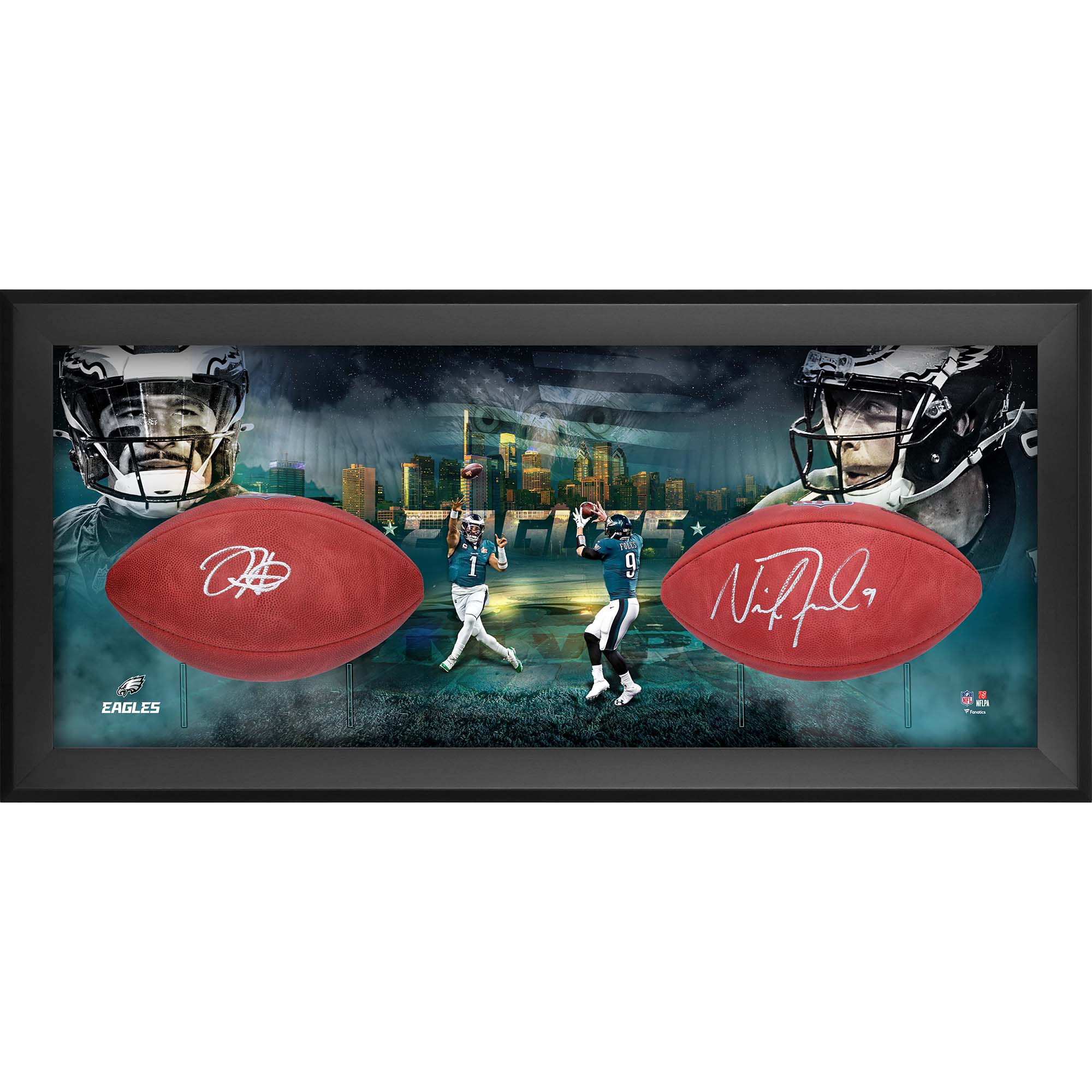 Jalen Hurts & Nick Foles Philadelphia Eagles Autographed Full Color Duke Two Football Super Bowl MVPs Shadowbox Jalen Hurts & Nick Foles Philadelphia Eagles Autographed Full Color Duke Two Football Super Bowl MVPs Shadowbox