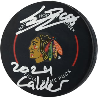 Connor Bedard Chicago Blackhawks Autographed Official Game Puck with "2024 Calder" Inscription