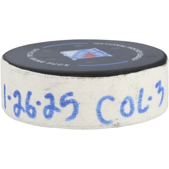 Cale Makar Colorado Avalanche Game-Used Goal Puck vs. New York Rangers on January 26, 2025 - Second of Two Goals Scored