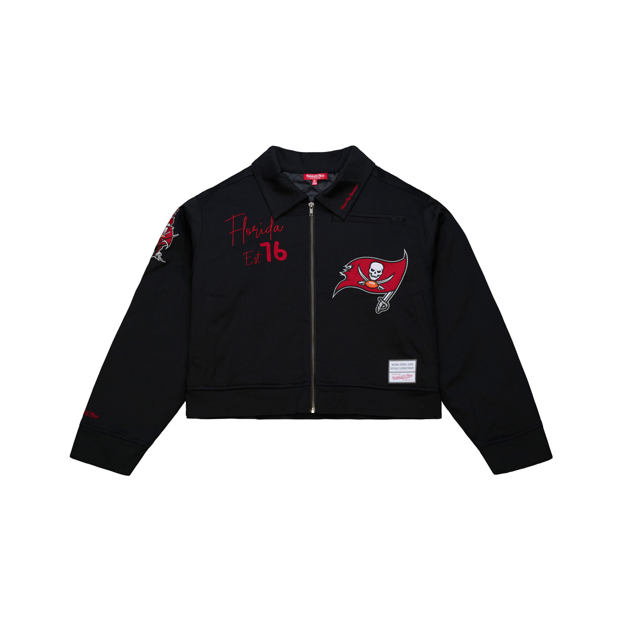 Women's Mitchell & Ness Black Tampa Bay Buccaneers EST. 1976 Mechanic Cropped Full-Zip Jacket