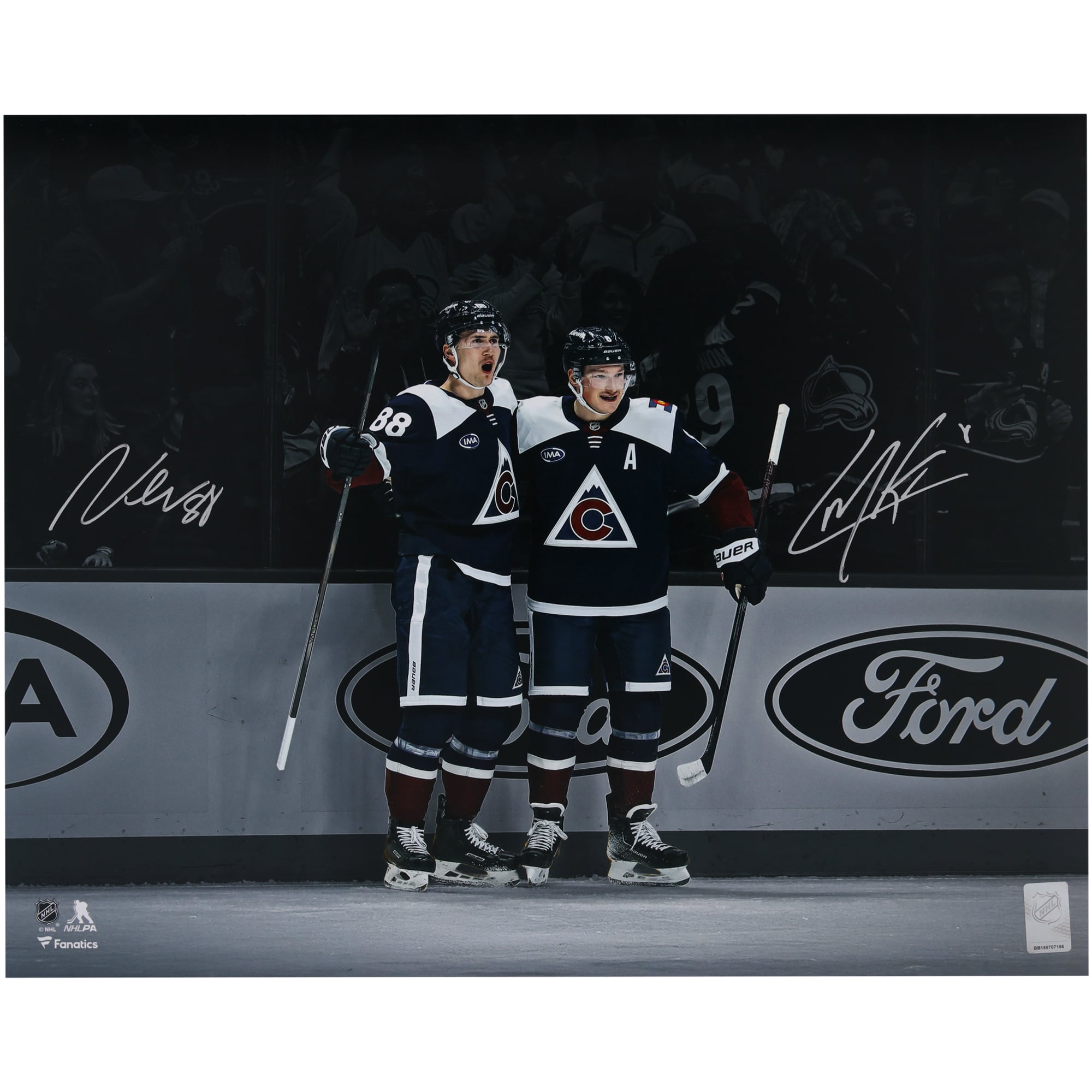 Martin Necas & Cale Makar Colorado Avalanche Autographed 16" x 20" Navy Alternate Jersey Celebration Spotlight Photograph