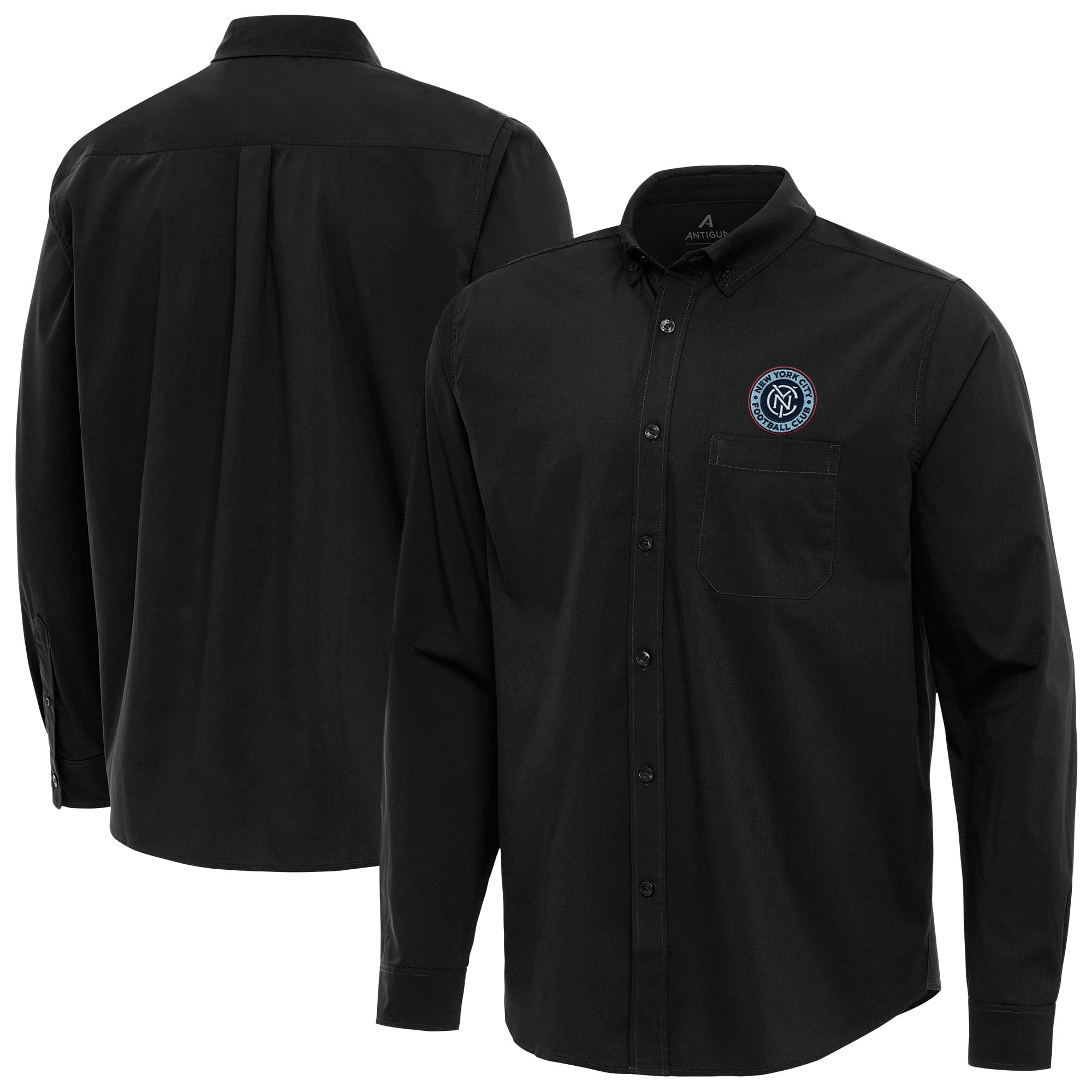 Men's Antigua Black New York City FC Flight Tri-Blend Woven Long Sleeve Button-Down Shirt