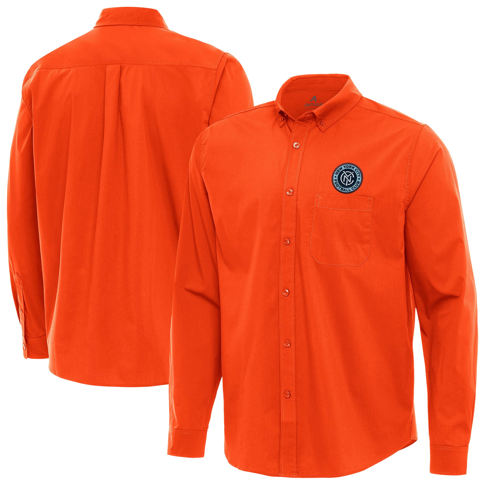 Men's Antigua Orange New York City FC Flight Tri-Blend Woven Long Sleeve Button-Down Shirt