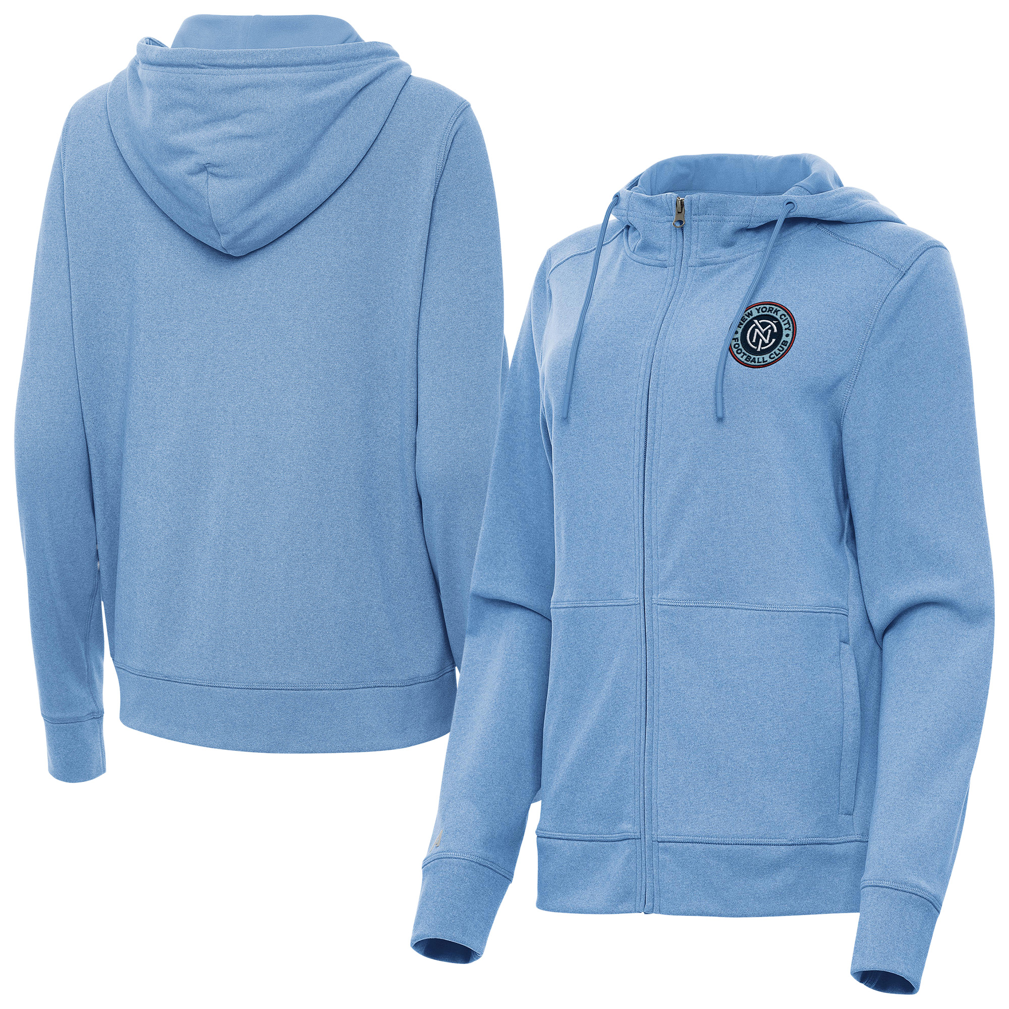 Women's Antigua Heather Powder Blue New York City FC Fleece Full-Zip Seeker Hoodie