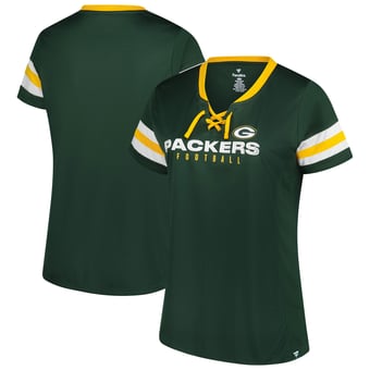 Women's Fanatics Green Green Bay Packers Plus Size Rhinestone Redzone Athena Lace-Up Notch Neck T-Shirt