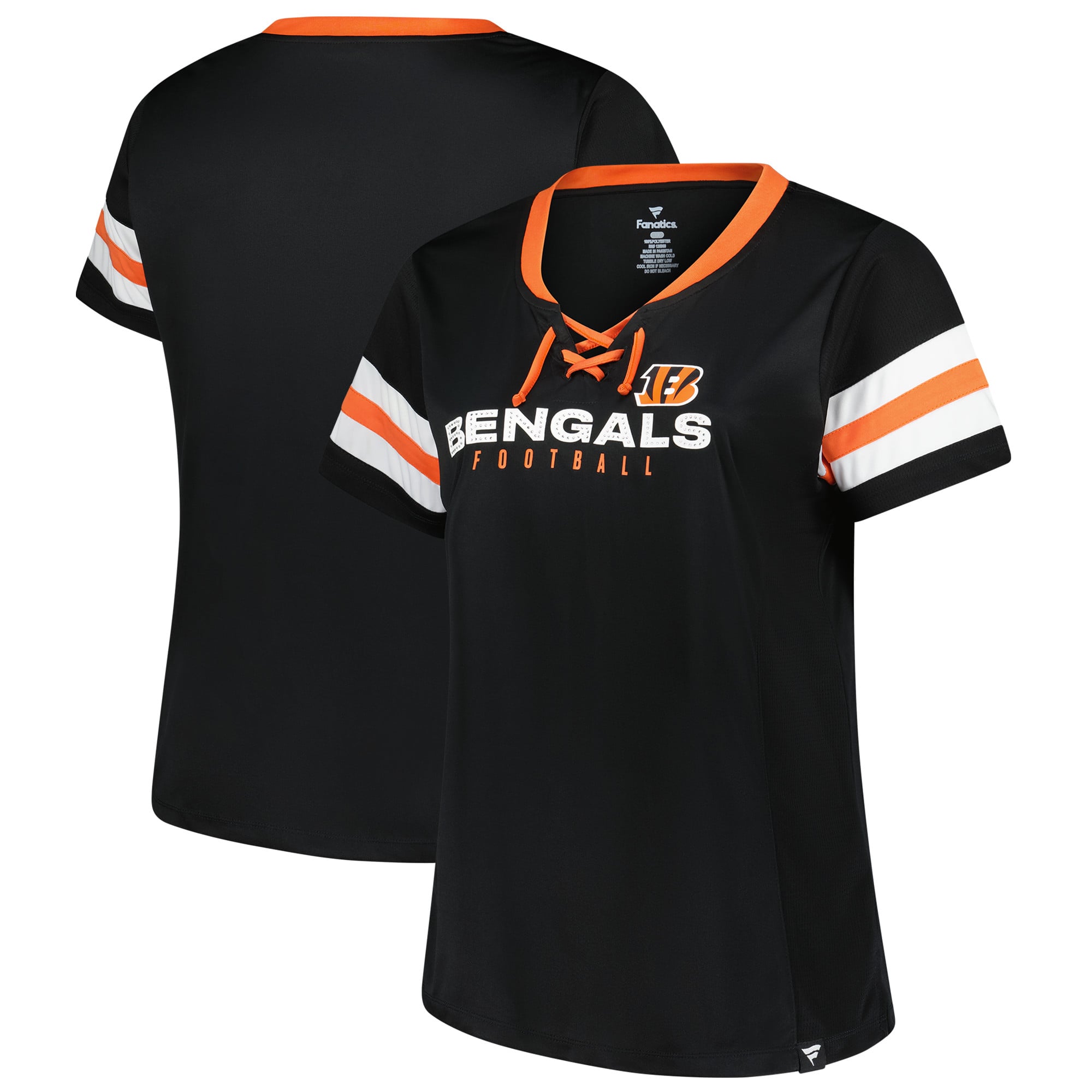 Women’s Fanatics Black Cincinnati Bengals Plus Size Red Zone Athena Lace-Up V-Notch Neck T-Shirt Women’s Fanatics Black Cincinnati Bengals Plus Size Red Zone Athena Lace-Up V-Notch Neck T-Shirt