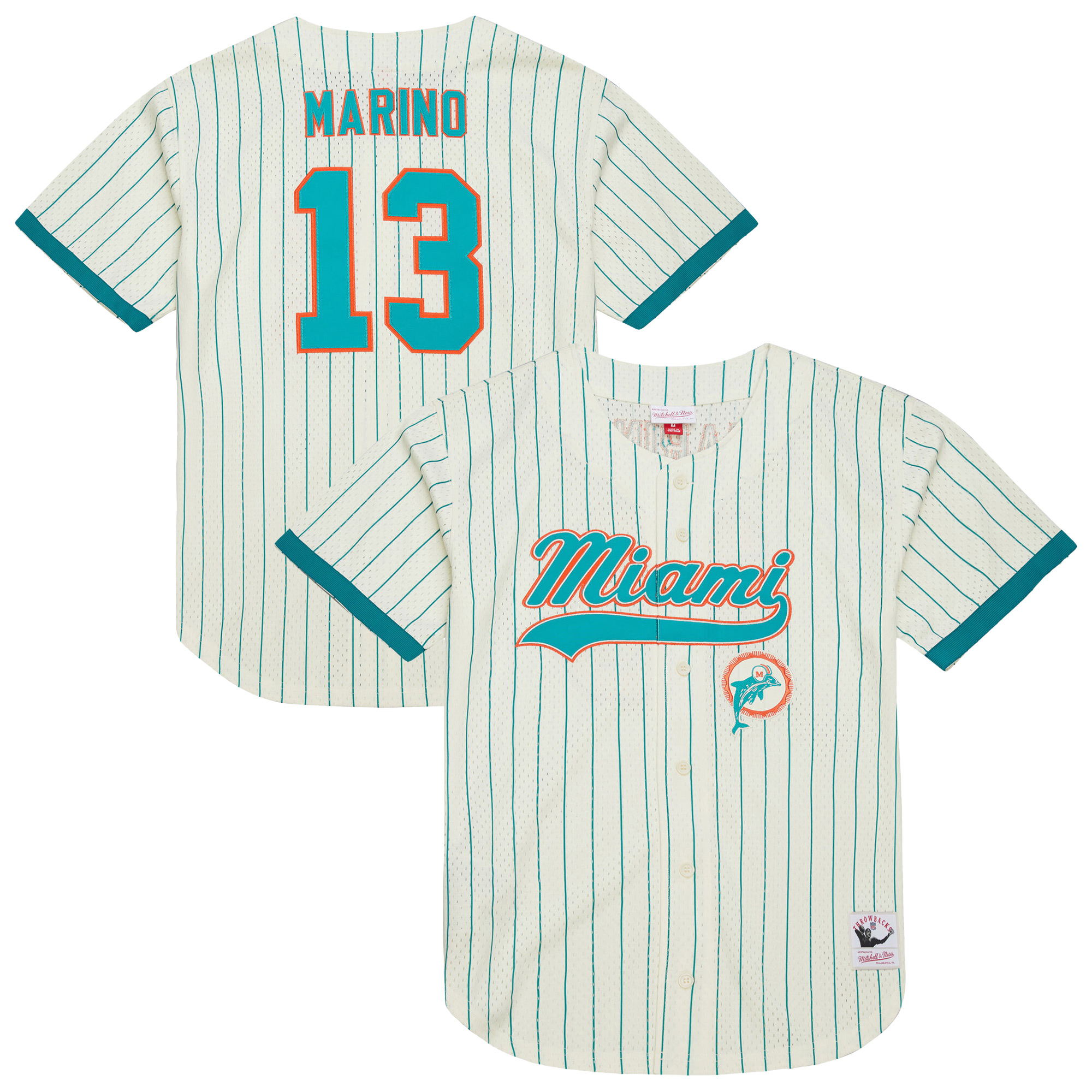 Men's Mitchell & Ness Dan Marino Cream Miami Dolphins Name & Number Mesh Button-Up Baseball Jersey
