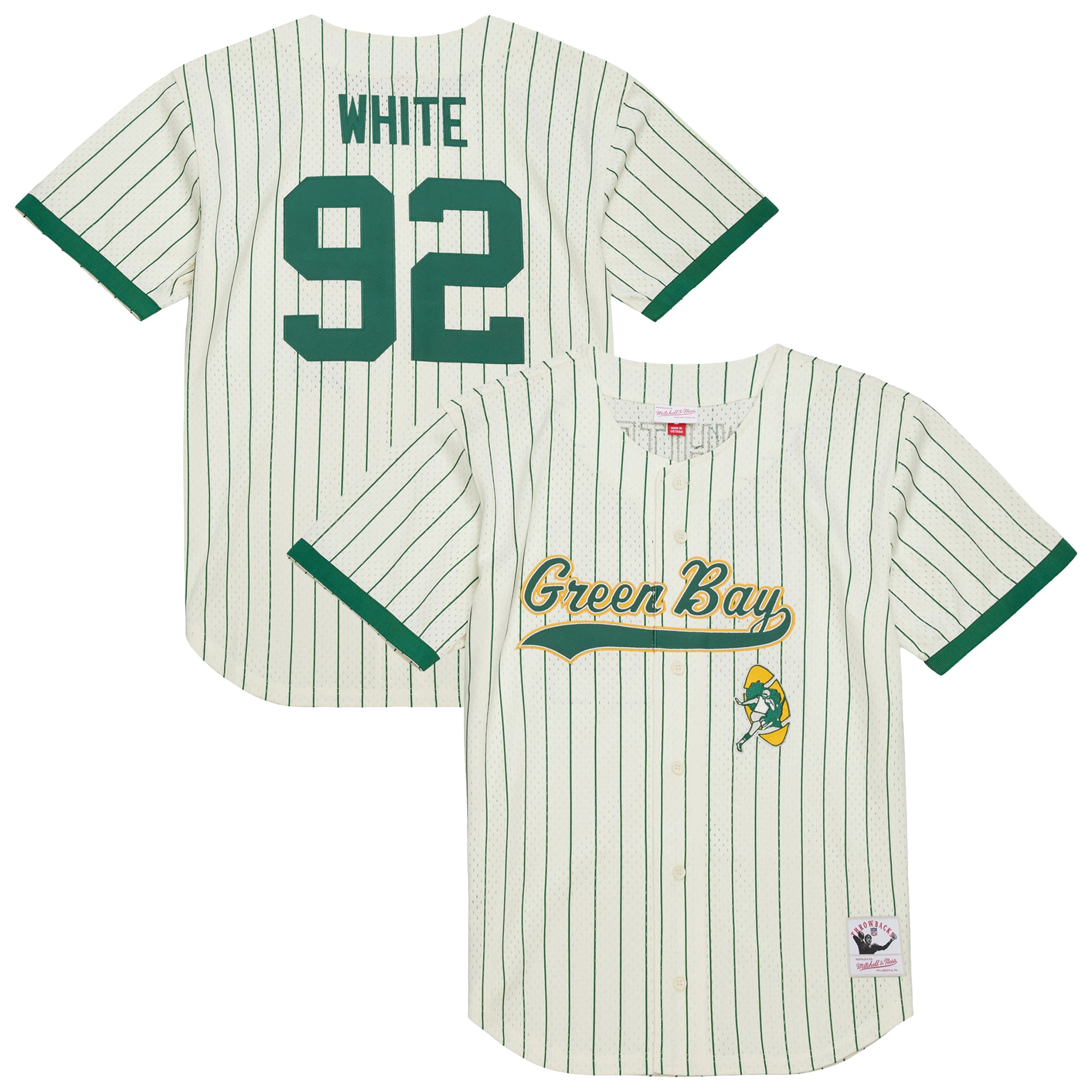 Maillot de baseball Mitchell & Ness Reggie blanc crème Green Bay Packers pour homme, en maille, à boutons, avec nom et numéro.