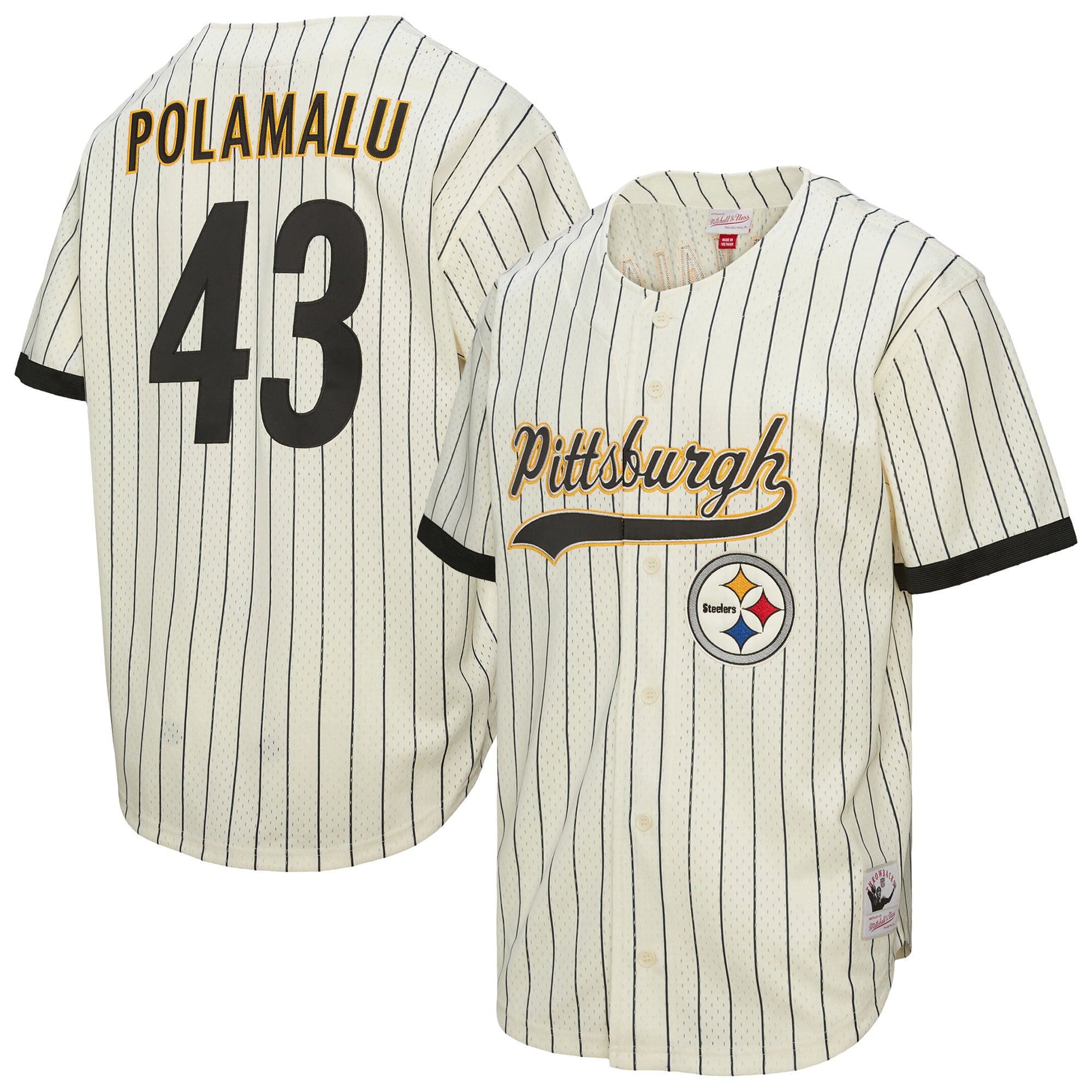 Maillot de baseball Mitchell & Ness Troy Polamalu crème Pittsburgh Steelers pour homme, en maille, à boutons, avec nom et numéro.