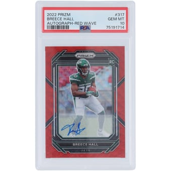 Breece Hall New York Jets Autographed 2022 Panini Prizm Red Wave Prizm #317 #128/149 PSA Authenticated 10 Rookie Card