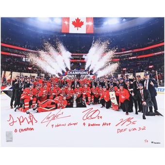 "Nathan MacKinnon, Cale Makar, Sam Reinhart & Jordan Binnington Canada Autographed 16"" x 20"" 4 Nations Face-Off Champions Team Celebration Photograph with Multiple Inscriptions - Signed in Red Ink - Limited Edition of 5"