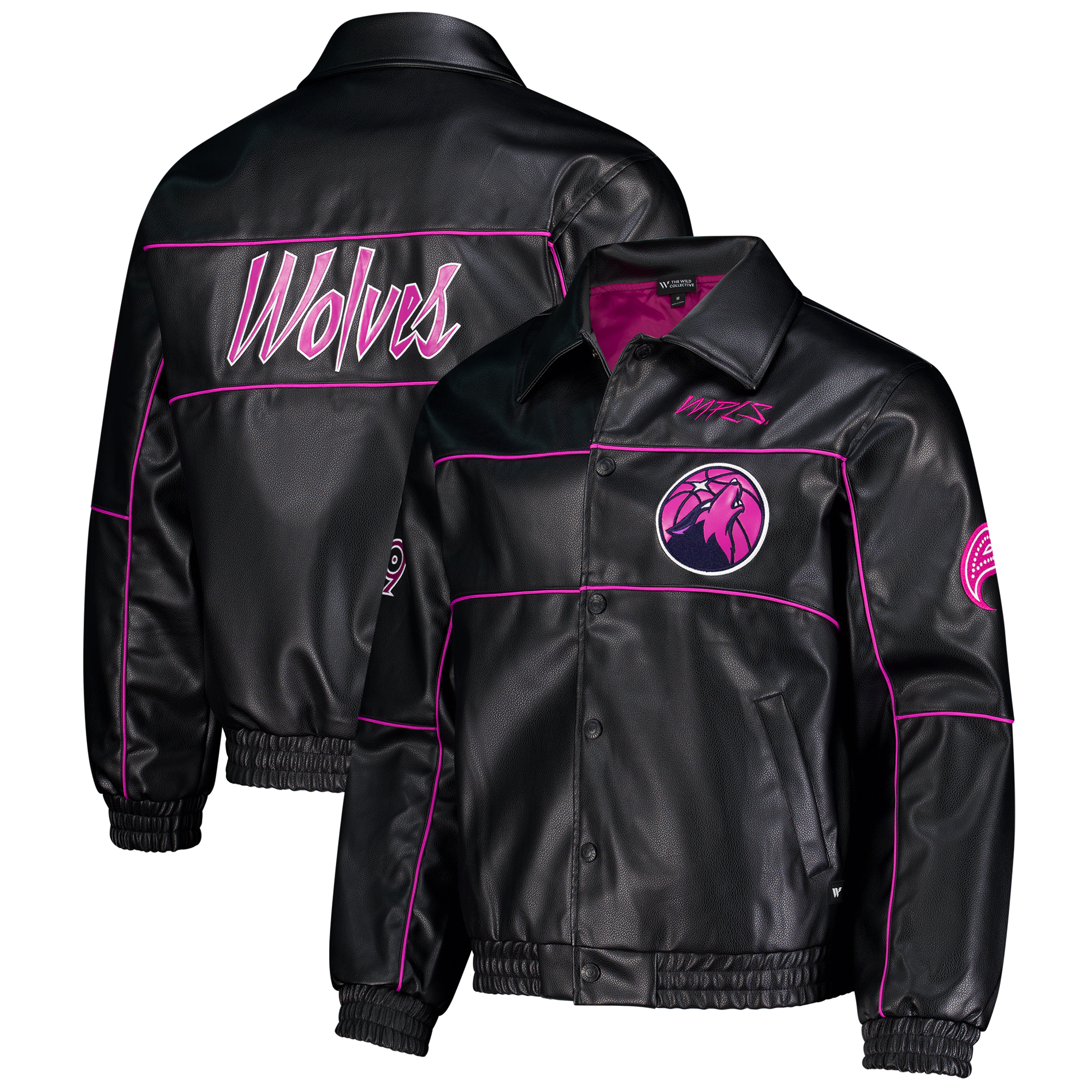 Unisex The Wild Collective  Black Minnesota Timberwolves City Edition Full-Snap Faux Leather Jacket