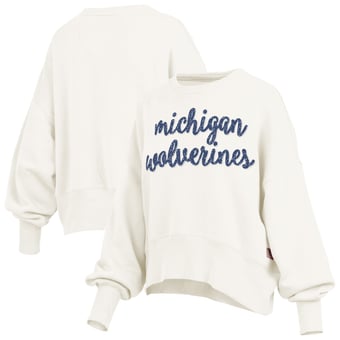 Women's Pressbox Cream Michigan Wolverines Oversized Chelsea Waist Length Pullover Sweatshirt