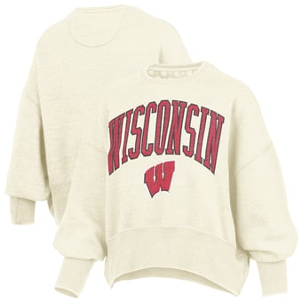 Women's Pressbox Natural Wisconsin Badgers Oversized Waist-Length Crewneck Sweatshirt