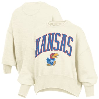 Women's Pressbox Natural Kansas Jayhawks Oversized Waist-Length Crewneck Sweatshirt