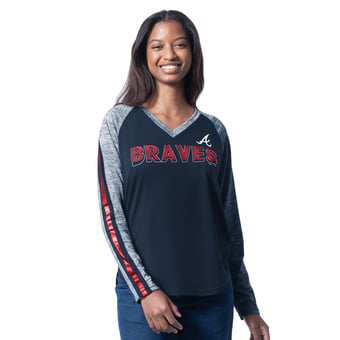 Women's G-III 4Her by Carl Banks Navy Atlanta Braves Top Dog Raglan Long Sleeve V-Neck T-Shirt
