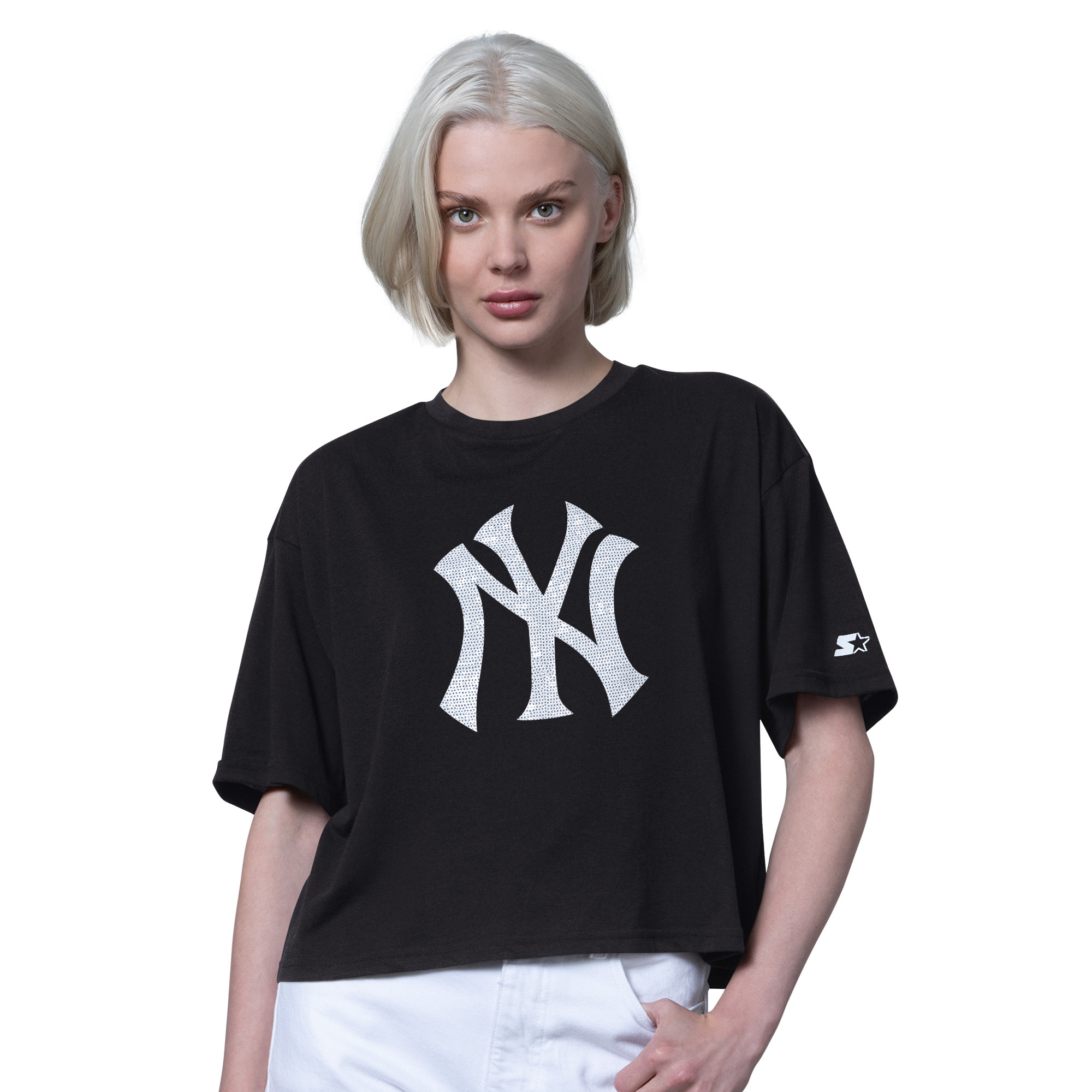 Women’s Starter Black New York Yankees Holy Grail Boxy Cropped T-Shirt Women’s Starter Black New York Yankees Holy Grail Boxy Cropped T-Shirt