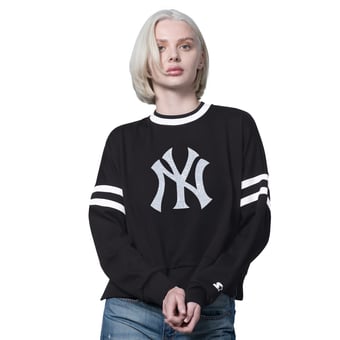 Women's Starter Black New York Yankees Rally Cropped Drop Shoulder Crewneck Sweatshirt