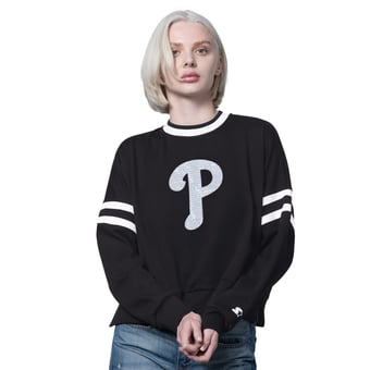 Women's Starter Black Philadelphia Phillies Rally Cropped Drop Shoulder Crewneck Sweatshirt