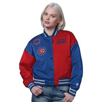Women's Starter Royal/Red Chicago Cubs Offside Cropped Full-Snap Varsity Jacket