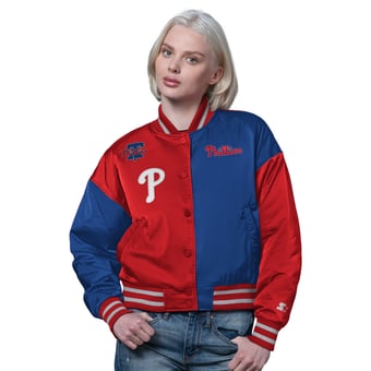 Women's Starter Red/Royal Philadelphia Phillies Offside Cropped Full-Snap Varsity Jacket