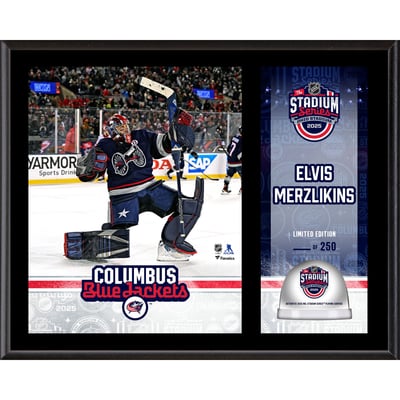 Elvis Merzlikins Columbus Blue Jackets 12" x 15" 2025 NHL Stadium Series Sublimated Plaque with Game-Used Ice - Limited Edition of 250