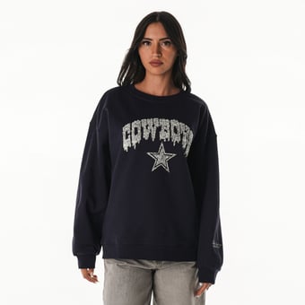 Women's The Wild Collective Navy Dallas Cowboys Rock Crystal Oversized Crewneck Sweatshirt
