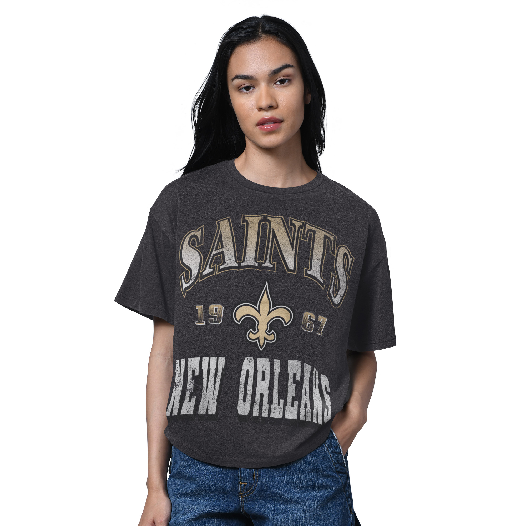 Women's Starter Heather Black New Orleans Saints Oversized Hall of Fame T-Shirt