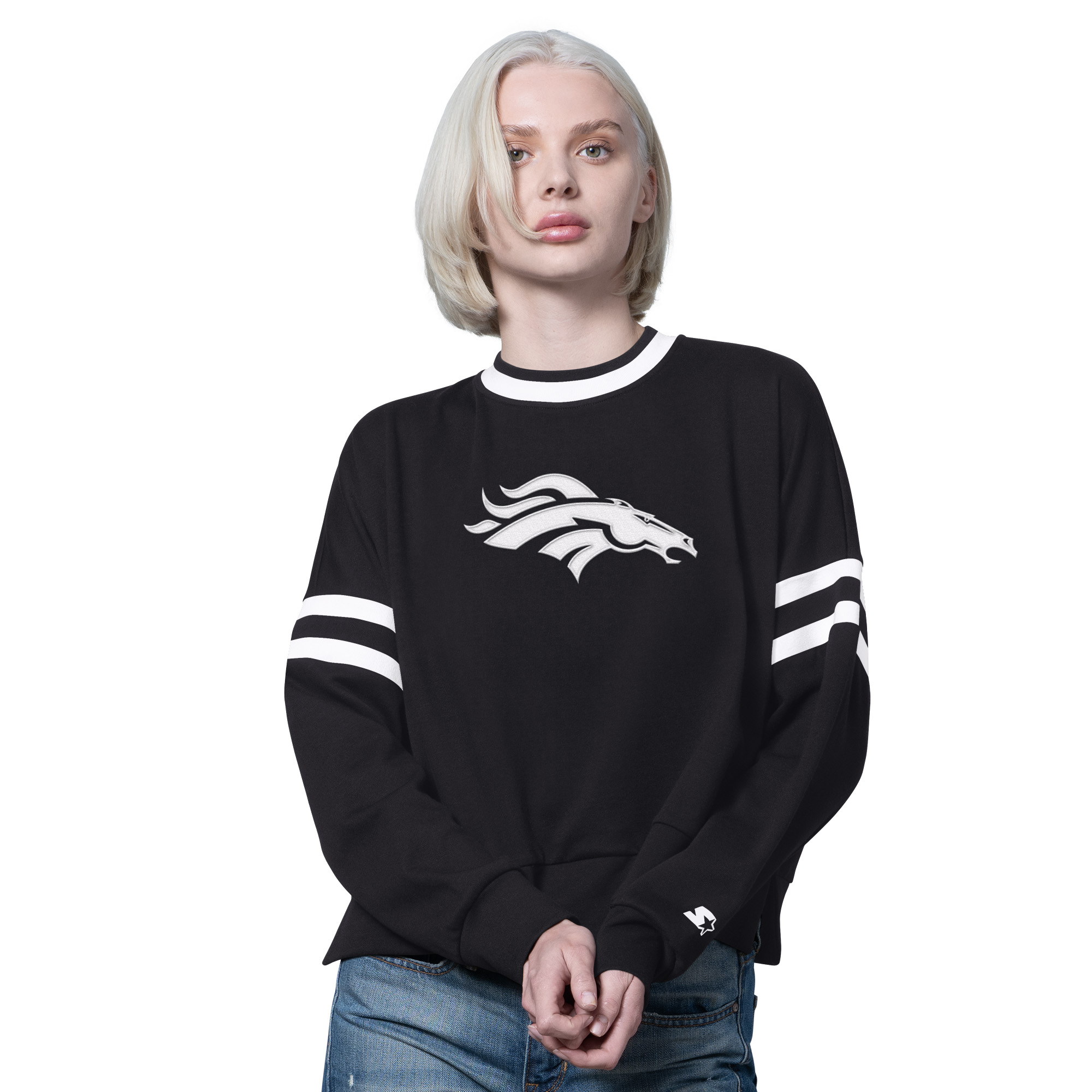 Women's Starter Black Denver Broncos Rally Drop Shoulder Cropped Sweatshirt