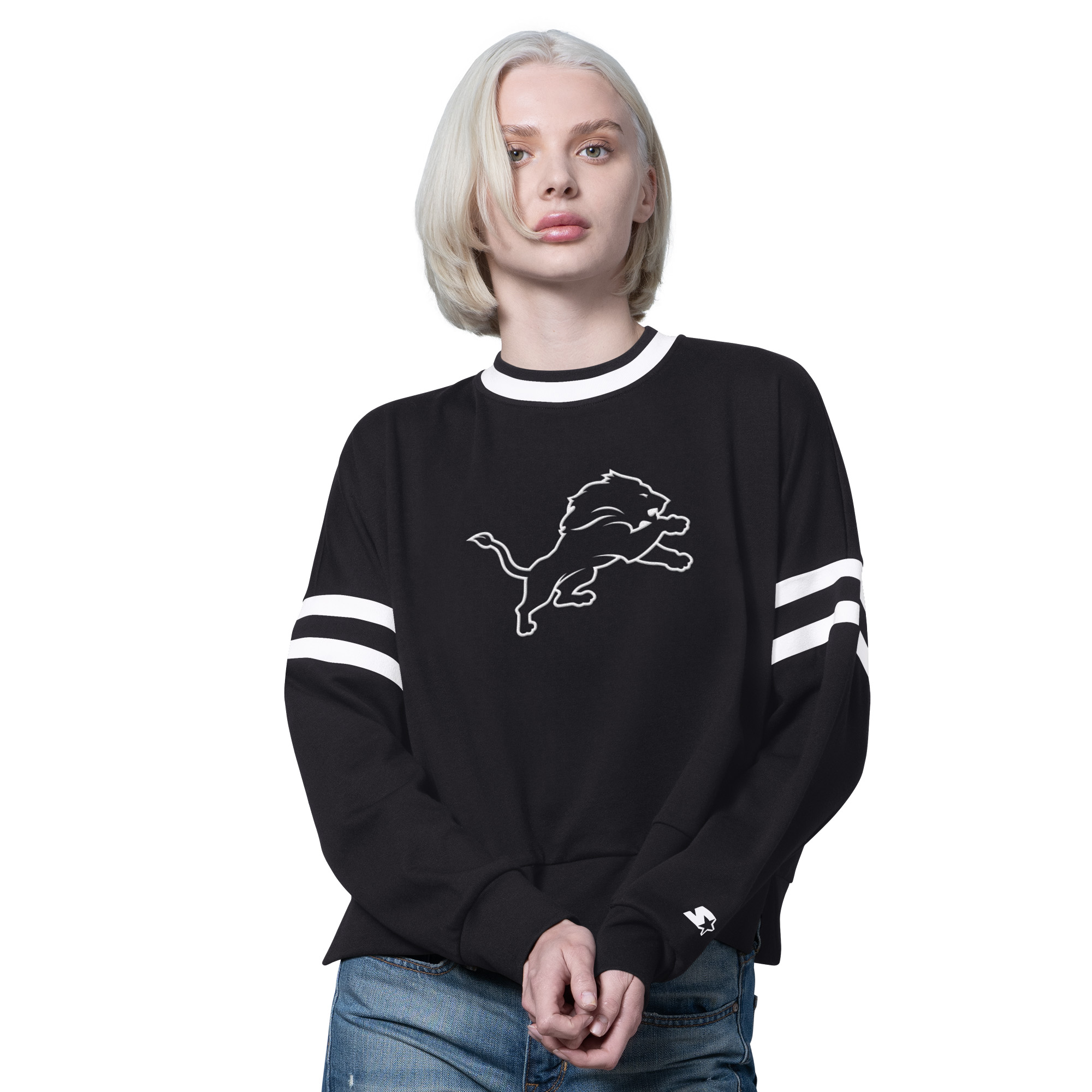 Women's Starter Black Detroit Lions Rally Drop Shoulder Cropped Sweatshirt