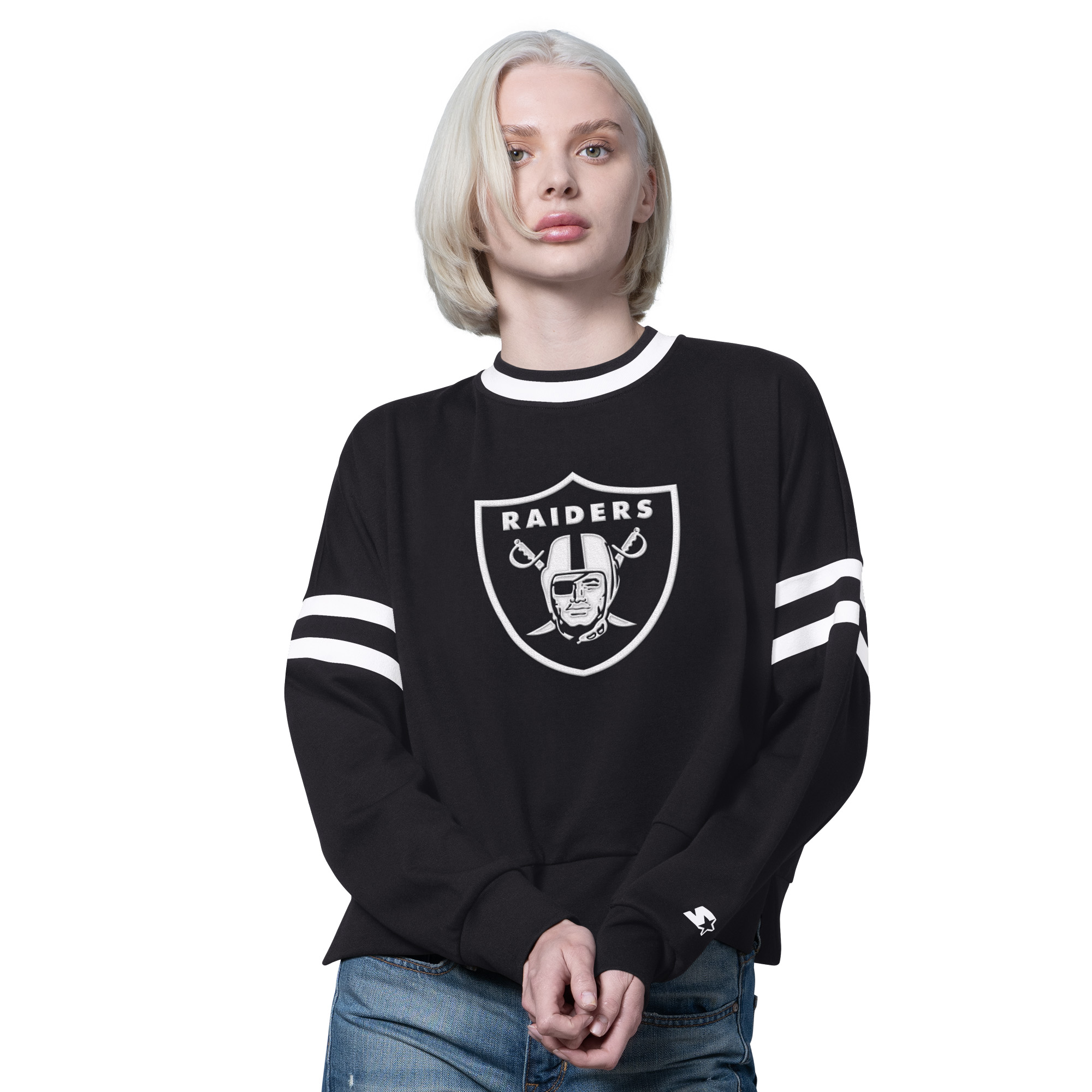 Women's Starter Black Las Vegas Raiders Rally Drop Shoulder Cropped Sweatshirt