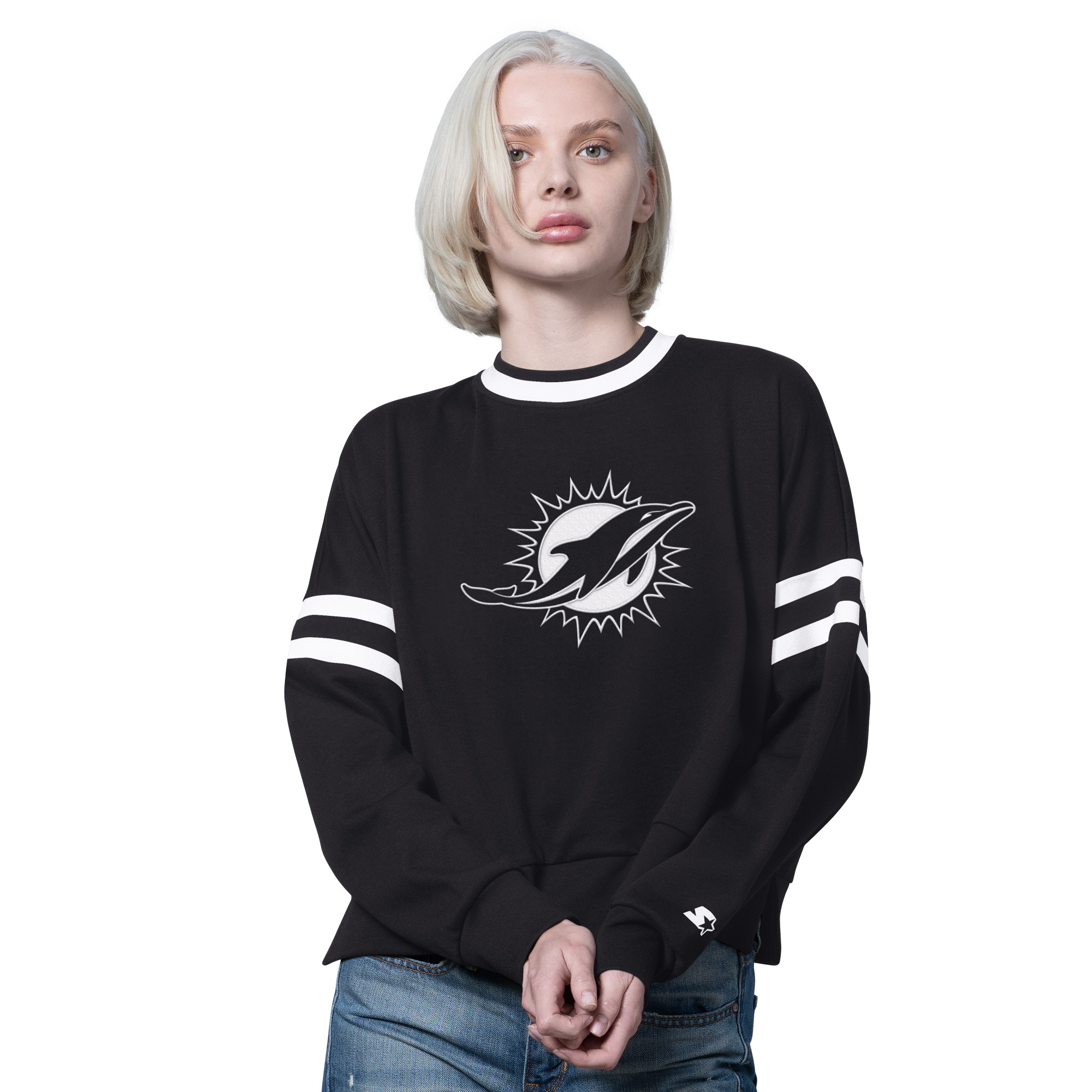 Women's Starter Black Miami Dolphins Rally Drop Shoulder Cropped Sweatshirt
