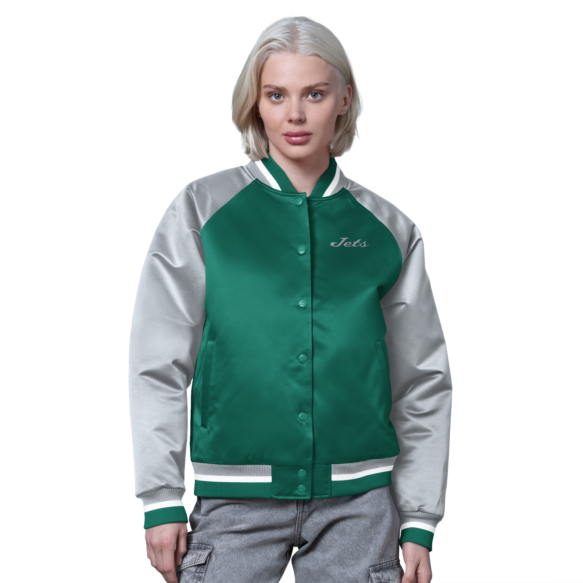 Women's Starter Kelly Green/Gray New York Jets Satin Full-Snap Vintage Varsity Jacket