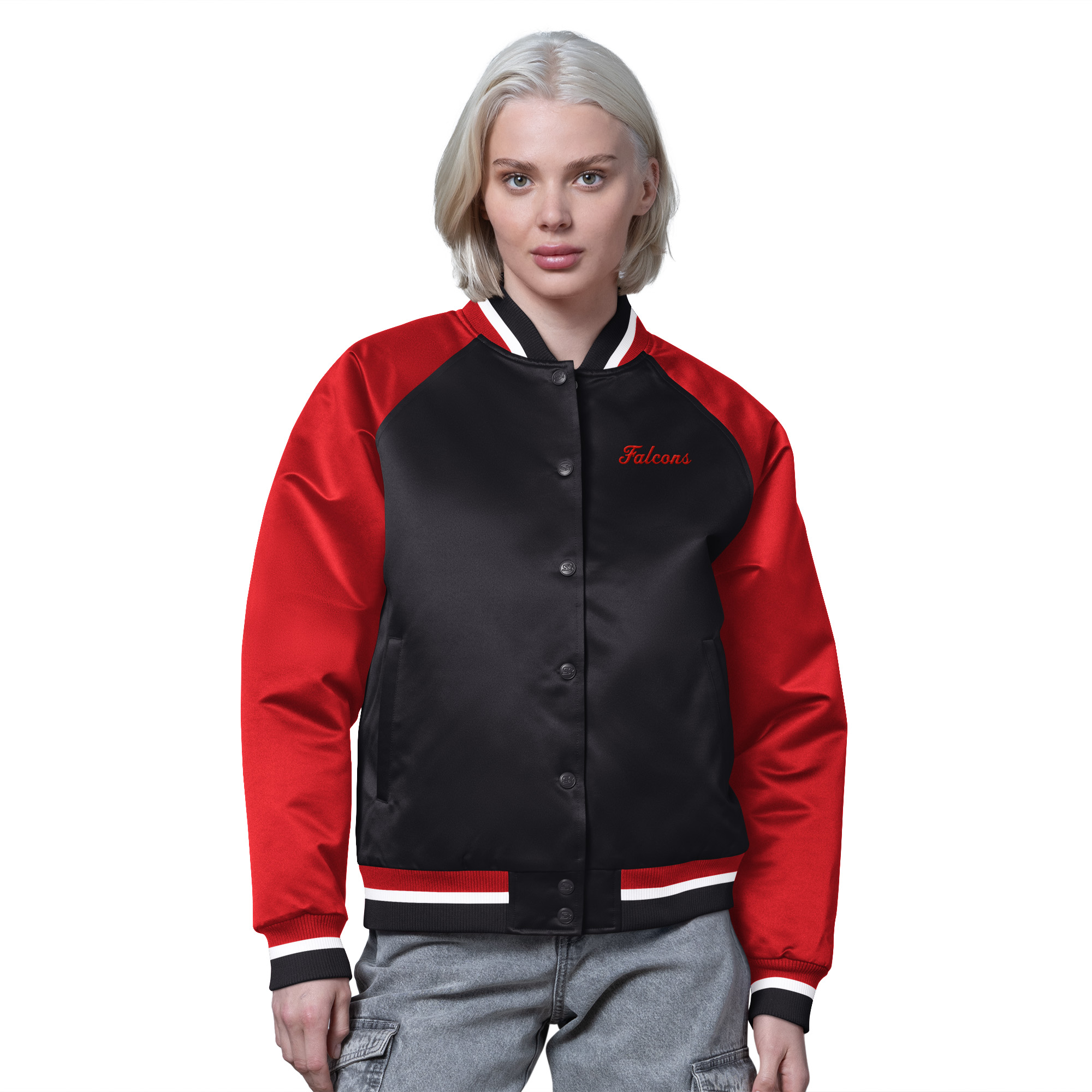 Women's Starter Black/Red Atlanta Falcons Satin Full-Snap Vintage Varsity Jacket