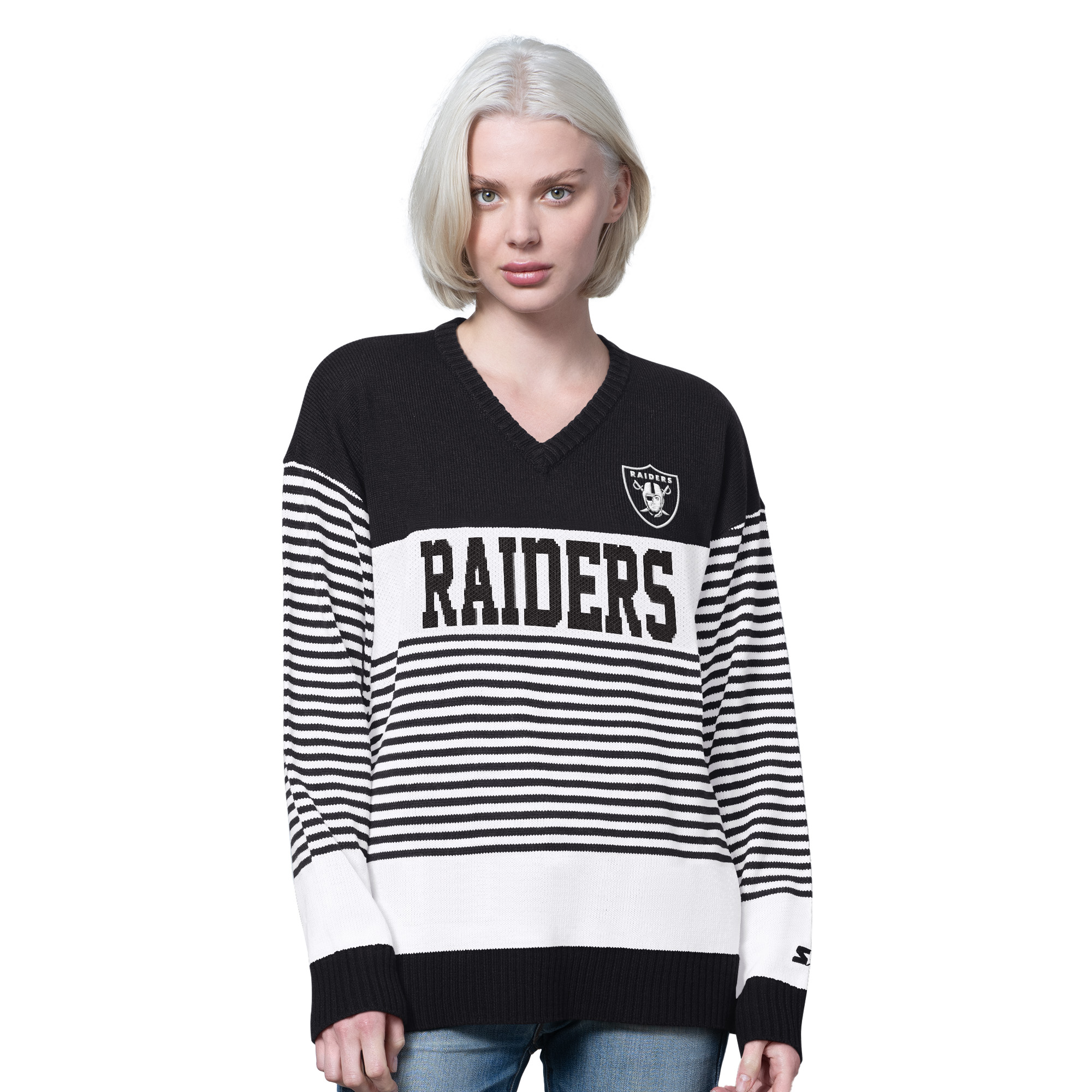 Women's Starter Black Las Vegas Raiders No Huddle Striped V-Neck Sweater
