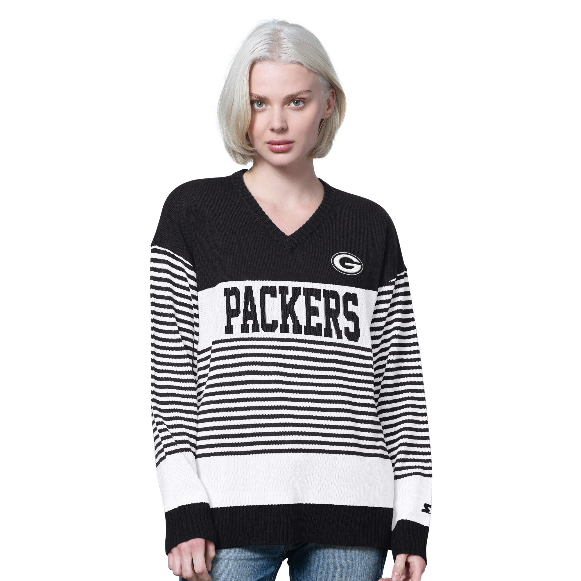 Women's Starter Black Green Bay Packers No Huddle Striped V-Neck Sweater